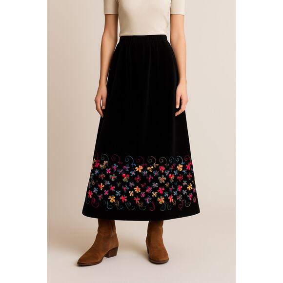 Vintage Youth Guild Black Velvet Floral Embroidered Maxi Skirt Boho Cottagecore - Picture 1 of 7